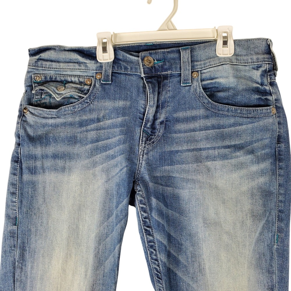 True Religion World Tour Straight Leg Jeans Blue Teal Stitch Mens 34x34